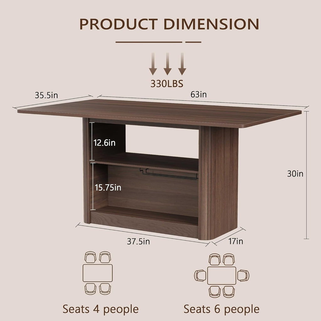 FUQARHY Dining Table for 6, Small Rectangular Kitchen Table for 4 with 2-Tier Storage Shelf, Farmhouse Modern Fluted Wood Table (Walnut)