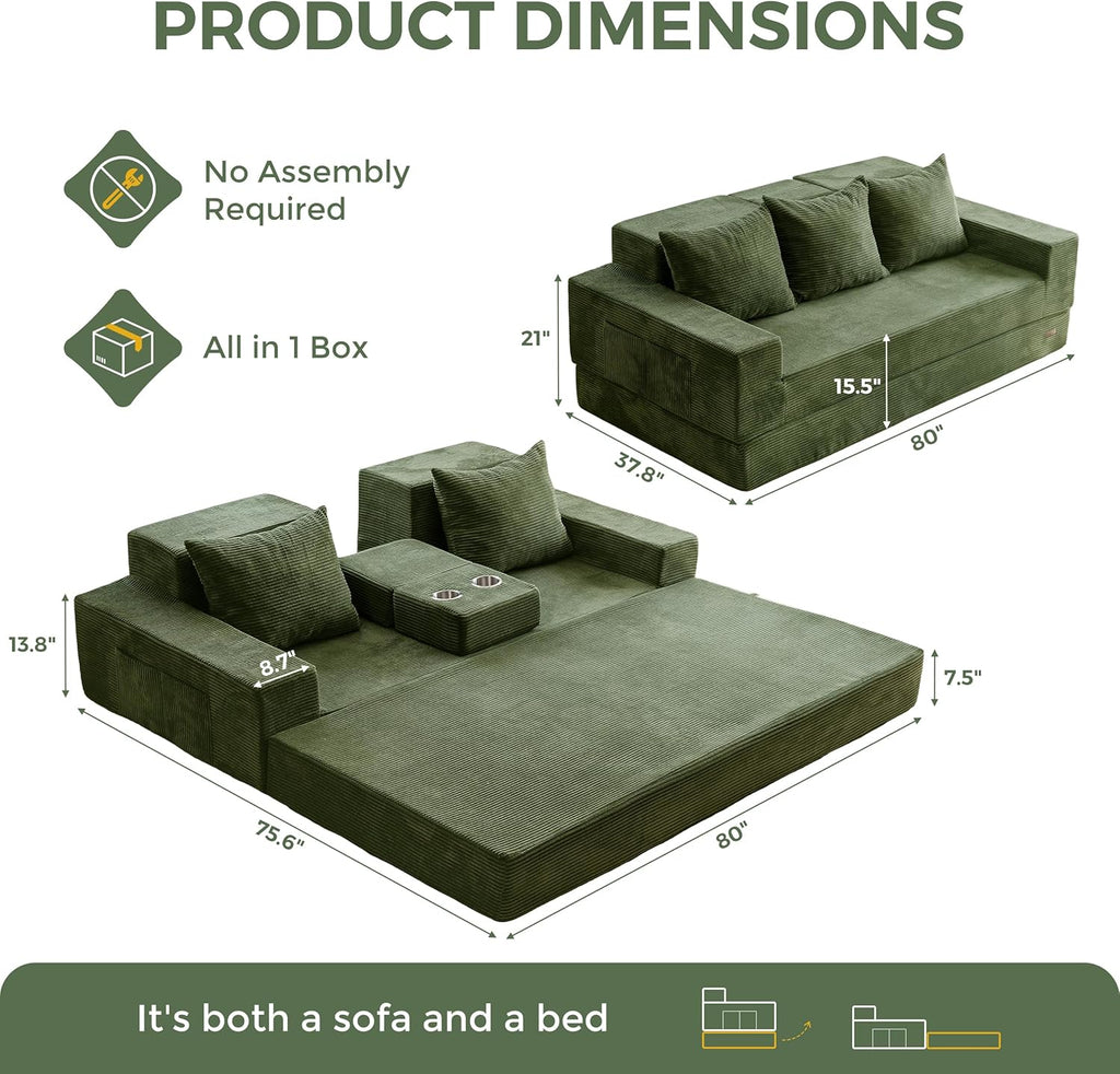 MAXYOYO Convertible Sofa Bed, 80" Oversized Boneless Loveseat Couch 4 in 1 Foldable Floor Sofa Couch in A Box with 2 Cup Holders, Folding Sleeper Chair for Living Room, No Assembly Required, Green