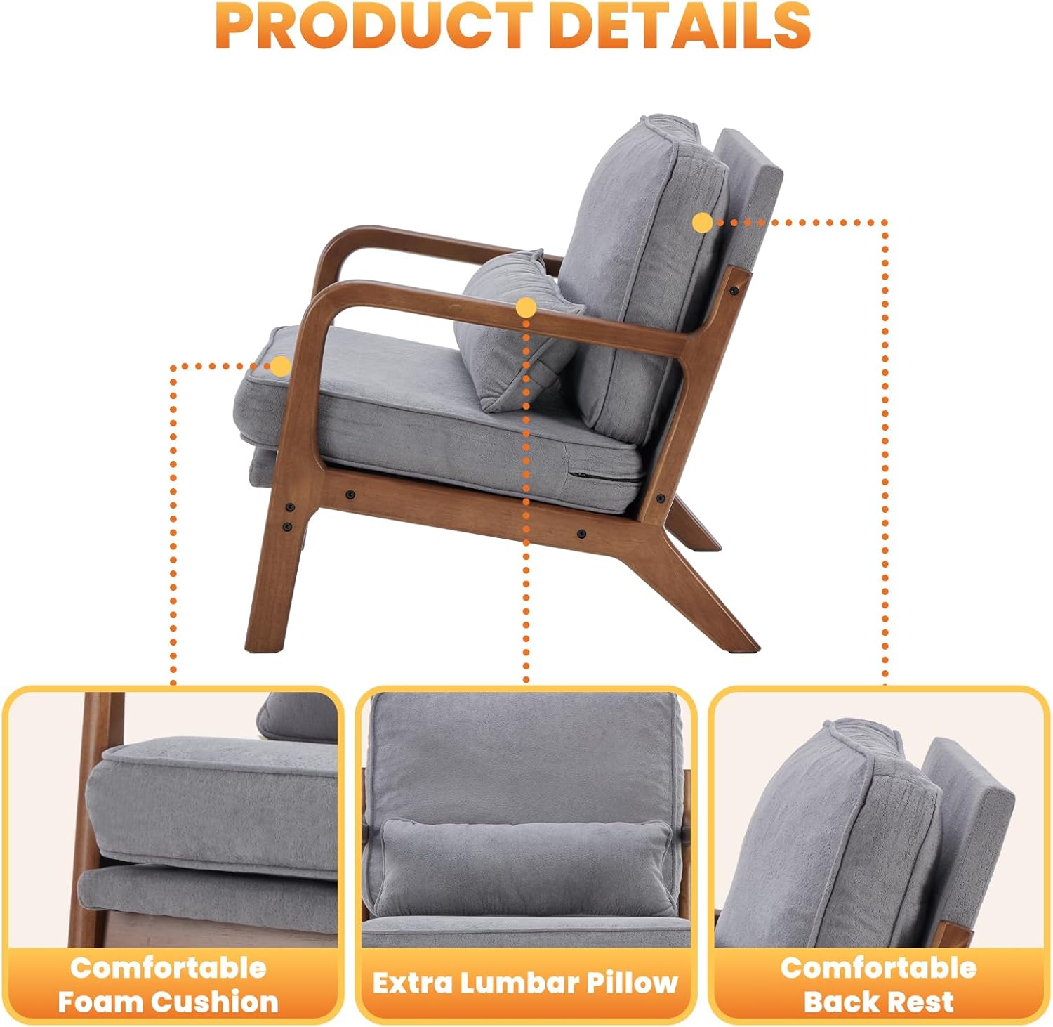 DUMOS Mid Century Accent Chair, Modern Living Room Chair with Arms and Waist Cushion, Reading Chairs for Adults, Lounge Chair for Bedroom, Solid Wooden Frame, Light Grey