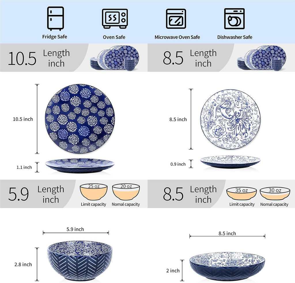 Selamica Dinnerware Sets 16 Piece, Ceramic Plates and Bowls Set, Embossed Dishes Set for 4, Housewarming, Dark Blue