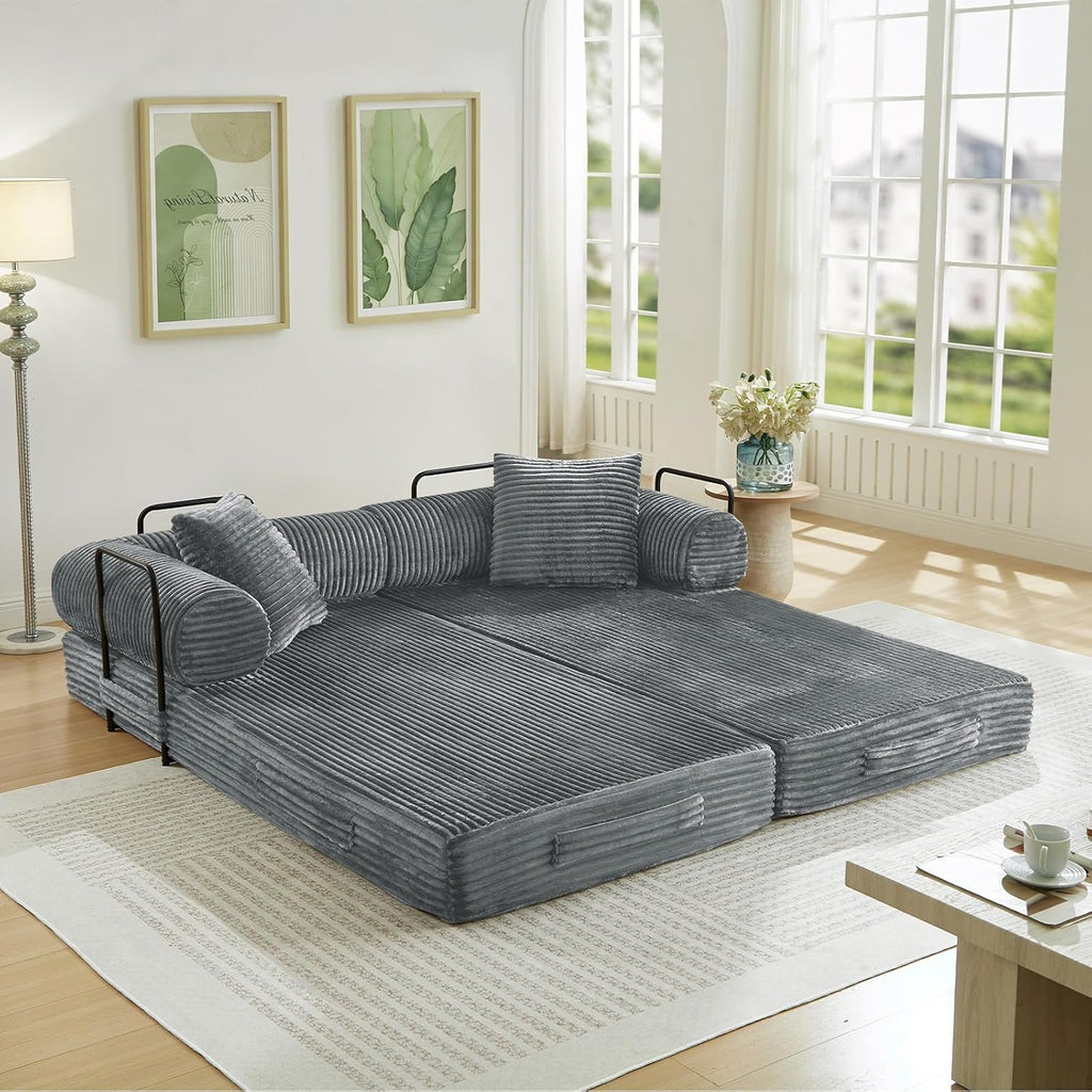 Antetek Modular Couch Bed, Convertible Folding Plush Corduroy Comfy Floor Compression Loveseat Sleeper Sofa Couch, King Size Bed for Guest Room Living Room Bedroom, No Assembly Required, Light Grey