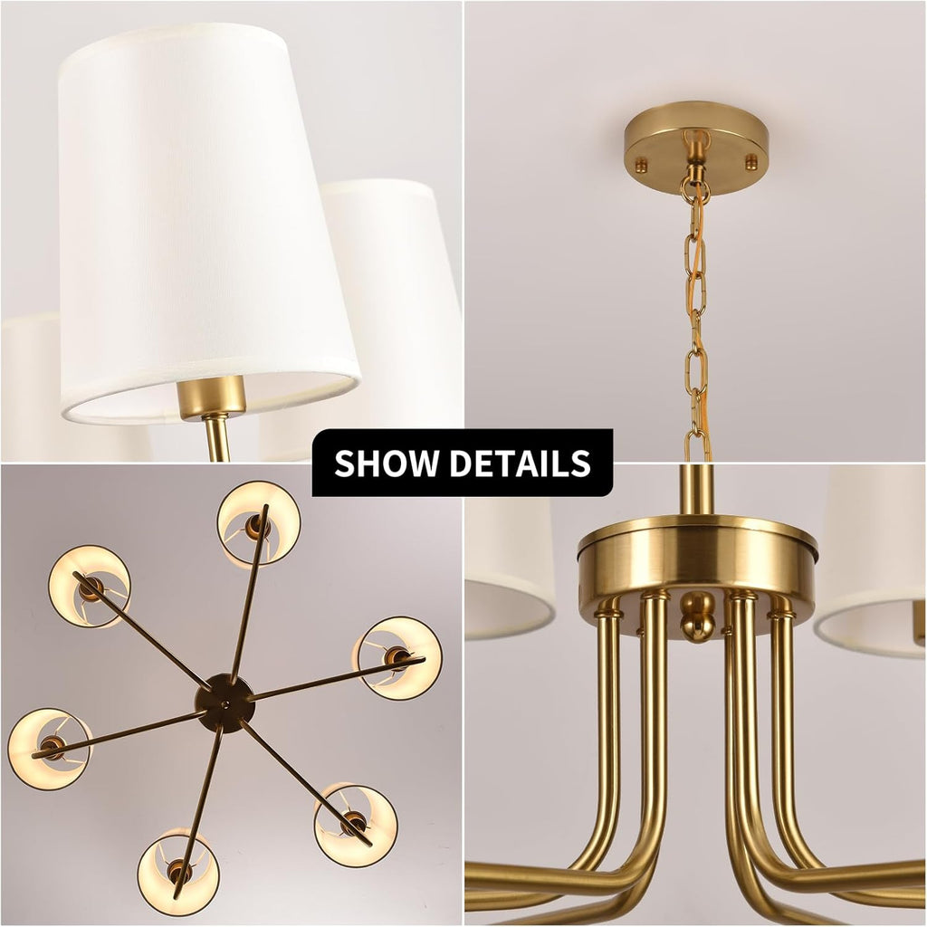 29.5" Gold Farmhouse Chandelier with Shade, 6-Arm Modern Dining Room Chandeliers Light Fixture,Industrial Hanging Pendant Lights for Kitchen Bedroom Living Room Bulb Not Included