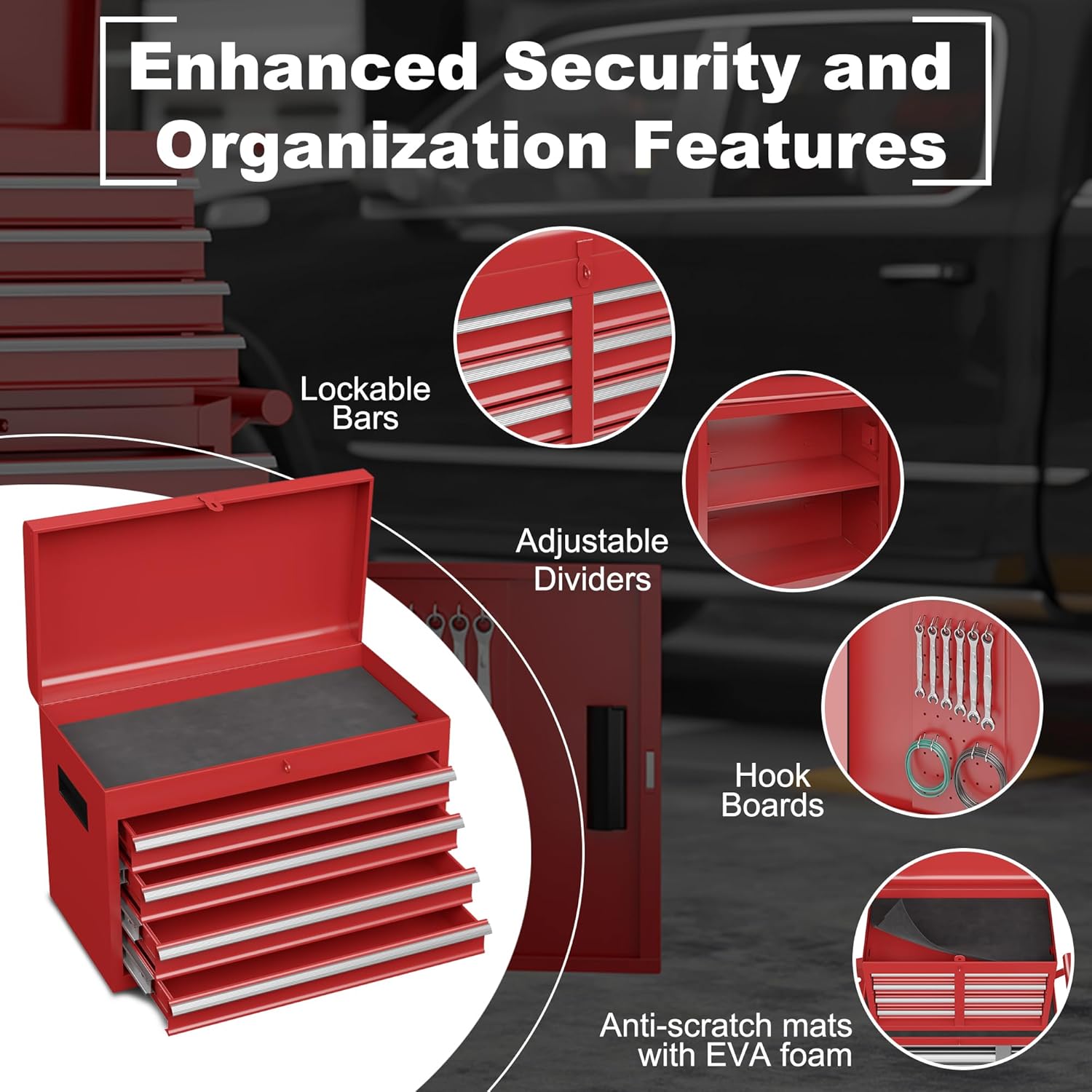 AirWire 5-Drawer Tool Chest, Rolling Tool Storage Cabinet with Detachable Top Tool Box, Enhanced Packaging, Metal Tool Cart for Garage Workshop, Red
