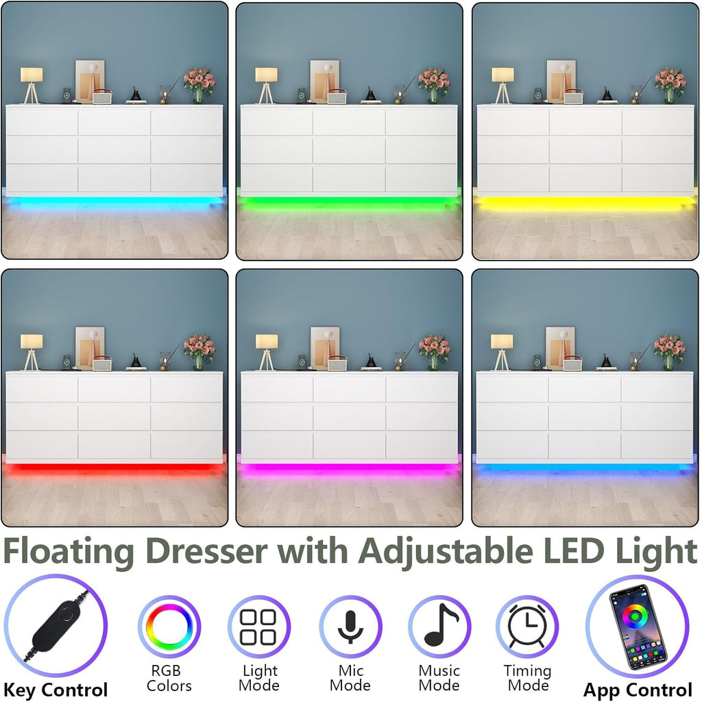 9 Drawer Dresser with Power Outlet, Floating White Dresser Chest of Drawer with LED Light,Modern Double Wide Drawer Organizer Cabinet for Bedroom,Living Room (9 Drawer-White)