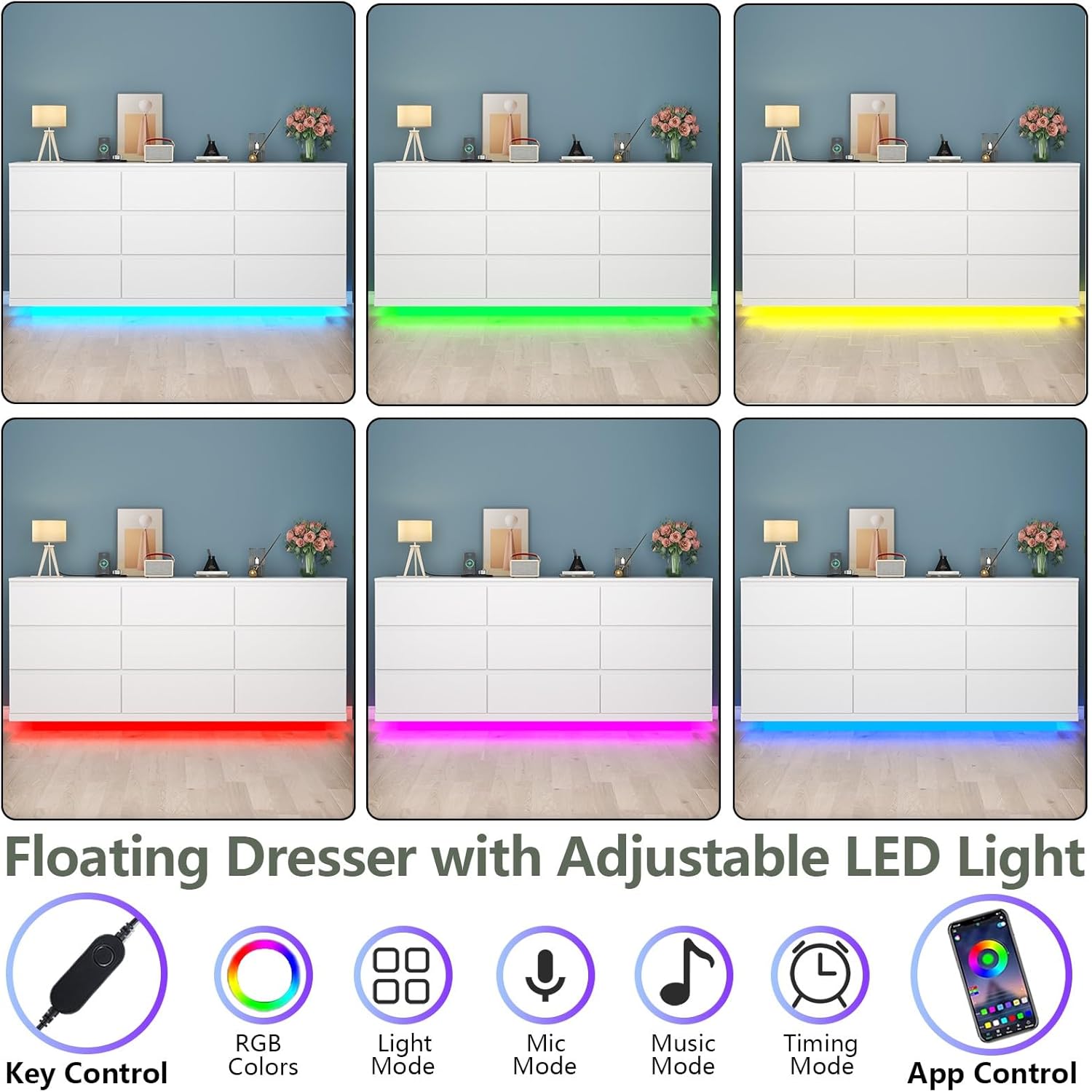 9 Drawer Dresser with Power Outlet, Floating White Dresser Chest of Drawer with LED Light,Modern Double Wide Drawer Organizer Cabinet for Bedroom,Living Room (9 Drawer-White)