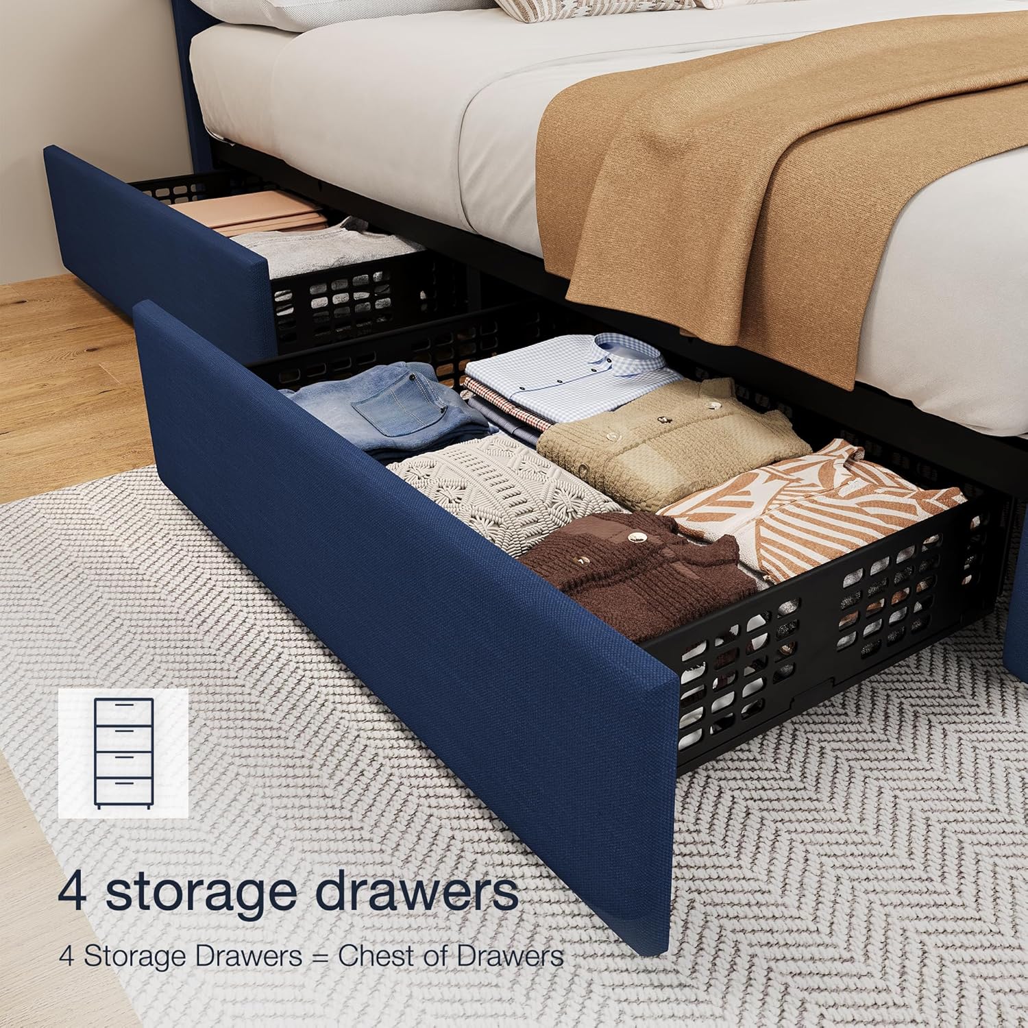 IDEALHOUSE King Size Bed Frame with 4 Storage Drawers and Adjustable Headboard, Linen Upholstered Platform Beds, Diamond Stitched Button Tufted, No Box Spring Needed, Blue