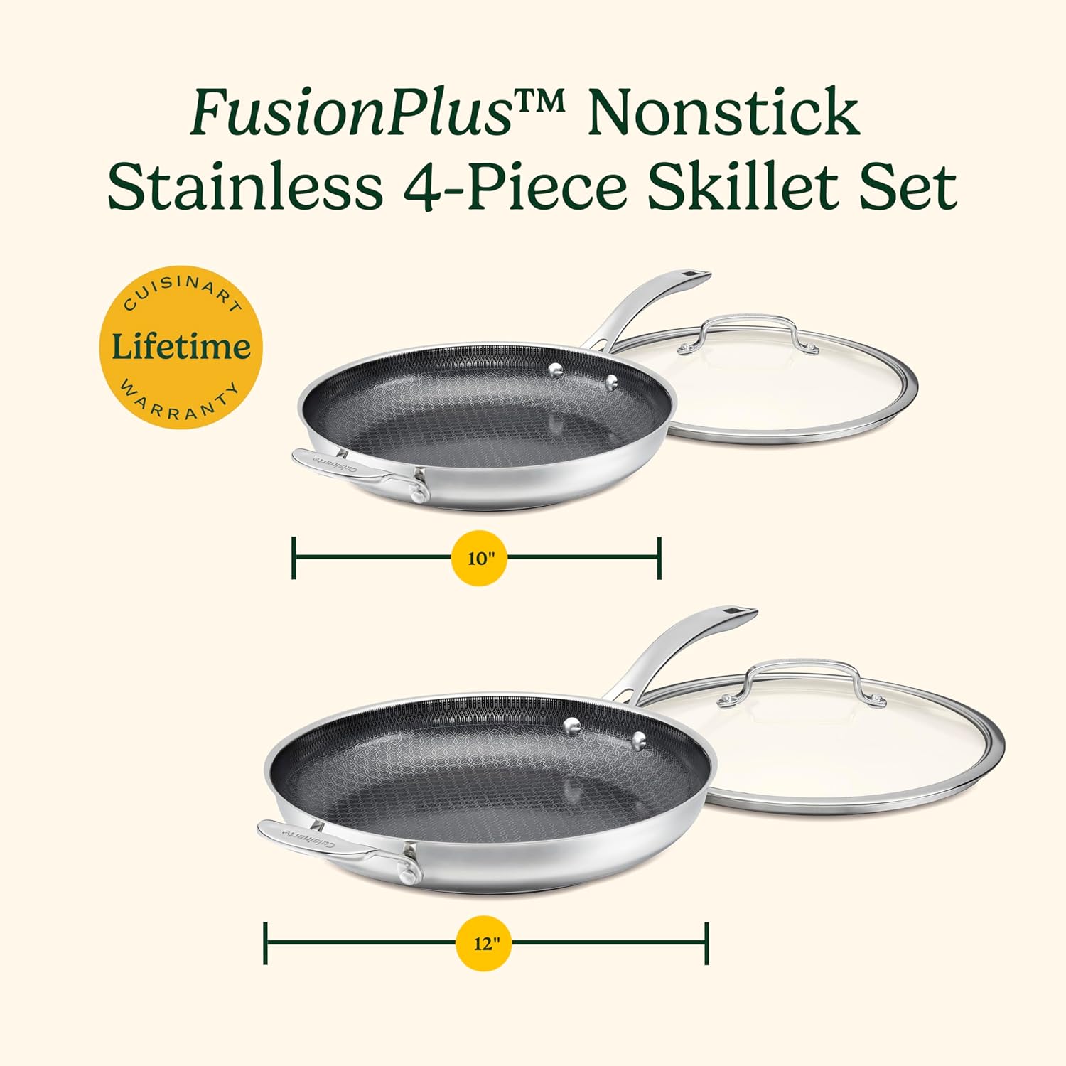 Cuisinart FusionPlus Hybrid Nonstick Stainless Steel Cookware Set, 4-Piece Skillet Cooking Set with PFAS-Free PURELYSEAR Ceramic Non Stick Technology, Scratch Proof, Cool Grip Handles, Dishwasher Safe