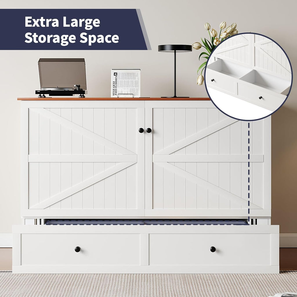 ijuicy Queen Murphy Bed with Mattress Included, Farmhouse Cabinet Bed with Storage Drawer & Charging Station, Foldable Space-Saving Murphy Beds for Guest Bedroom, Living Room (White & Brown)
