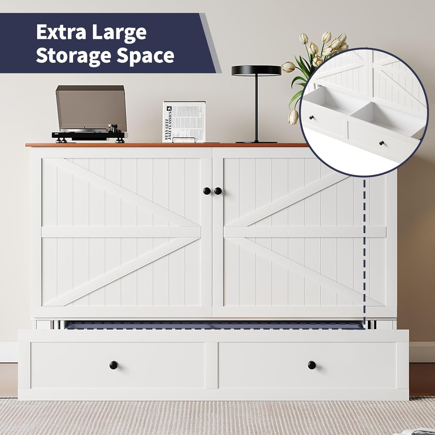 ijuicy Queen Murphy Bed with Mattress Included, Farmhouse Cabinet Bed with Storage Drawer & Charging Station, Foldable Space-Saving Murphy Beds for Guest Bedroom, Living Room (White & Brown)
