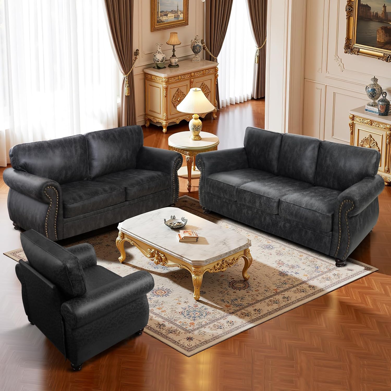 Mid-Century Vintage Sofa Couches with Rivet Design,3-Seater Sofa,Removable Sofa Cover Upholstered Cushions and Solid Wood Frame (Grey, 3-Seater)