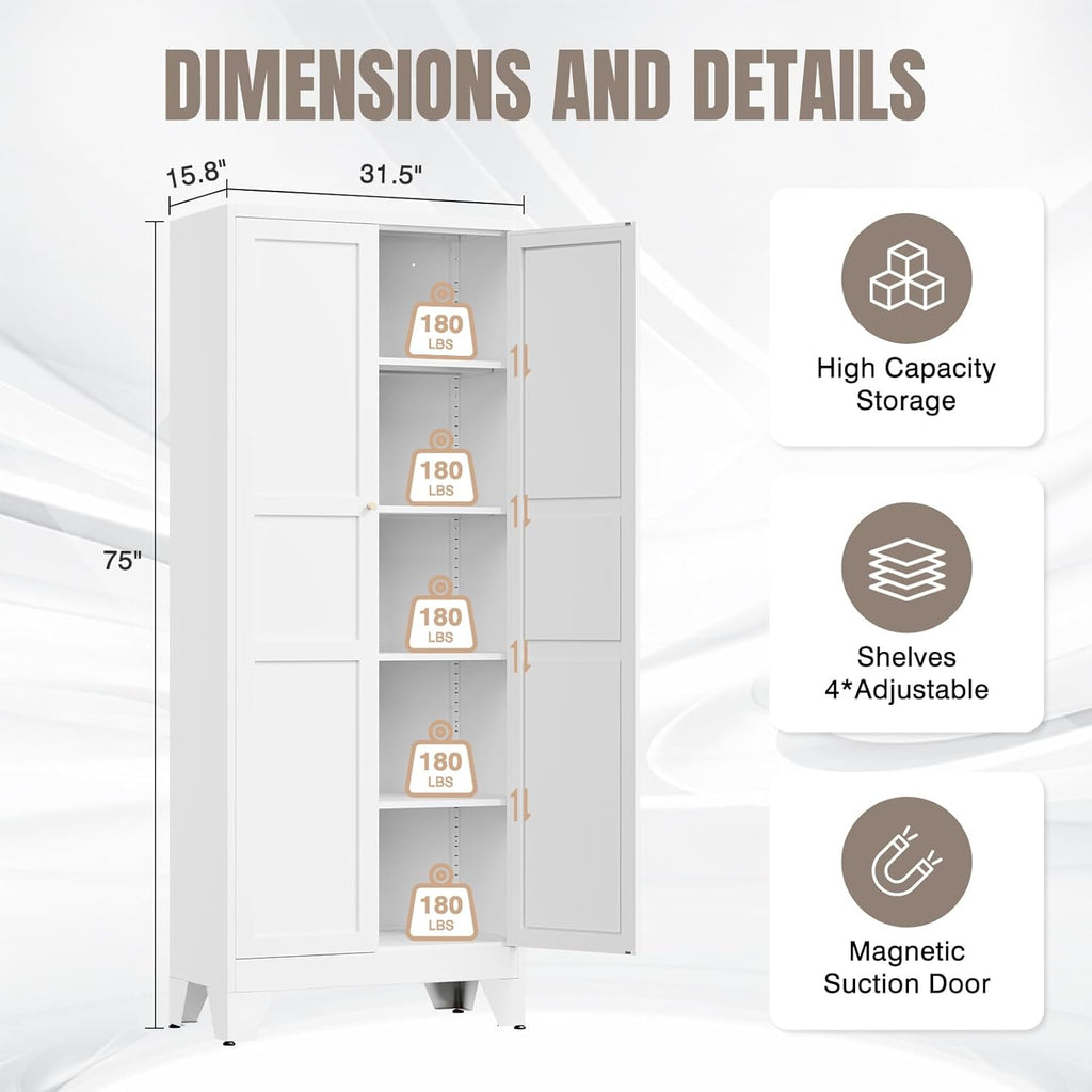 Yizosh Metal Pantry Cabinet, 75" Kitchen Pantry with 2 Door and 4 Adjustable Shelves,White Metal Pantry Storage Cabinet,Cupboard for Kitchen,Dining Room,Living Room and Bathroom