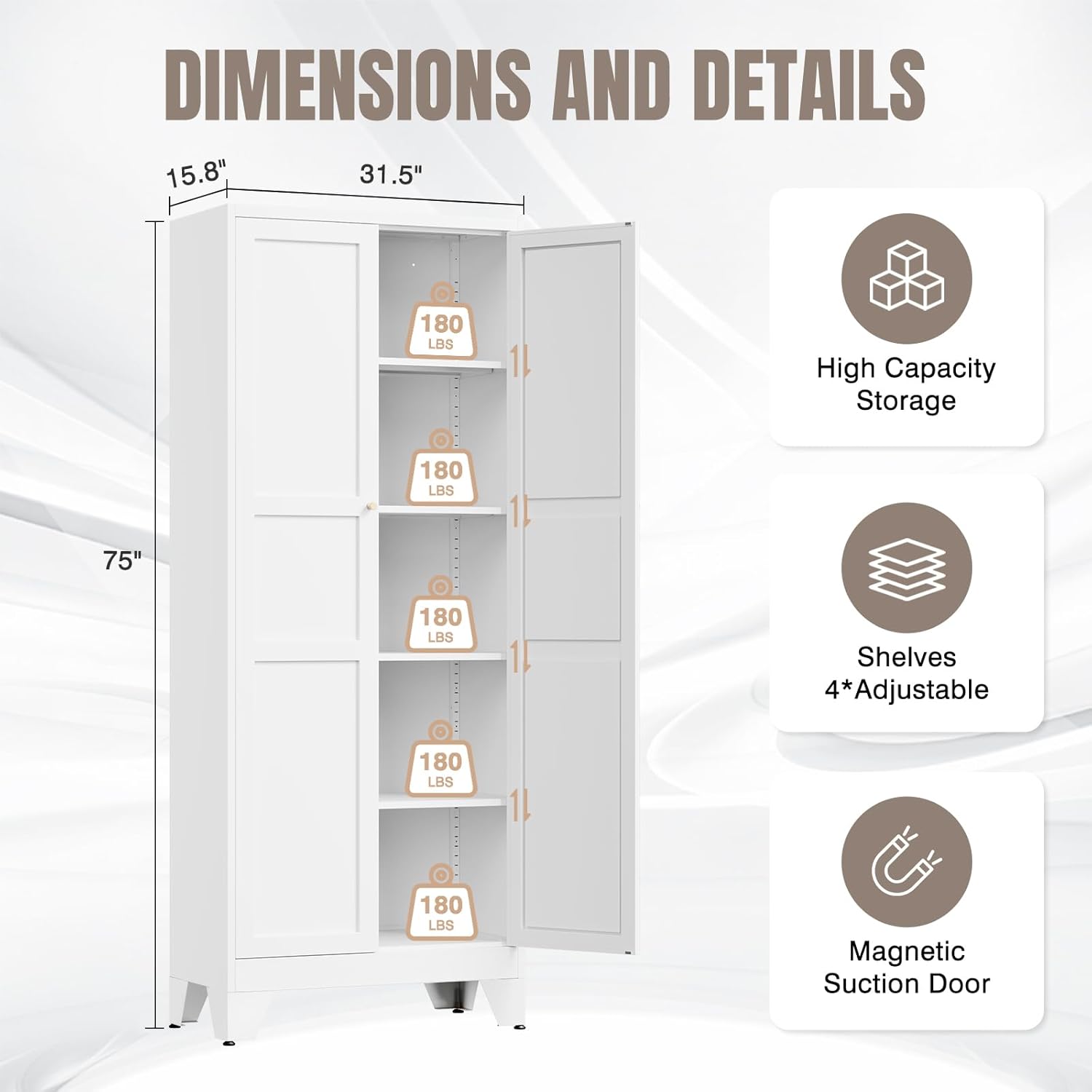 Yizosh Metal Pantry Cabinet, 75" Kitchen Pantry with 2 Door and 4 Adjustable Shelves,White Metal Pantry Storage Cabinet,Cupboard for Kitchen,Dining Room,Living Room and Bathroom