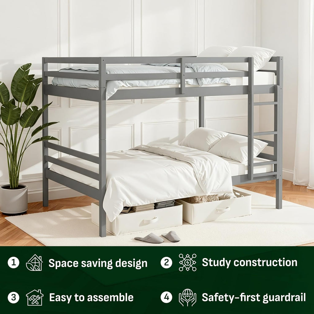 Full Over Full Bunk Bed with Ladder, Solid Wood Bunk Bed with High Guardrail and Ladder for Kids, Teens, Dorm Rooms, and Guest Rooms, No Box Spring Needed, Grey