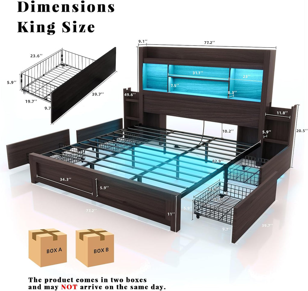 King Bed Frame with 49.6" Bookcase Headboard & 2 Bedside Stoage Racks & 4 Drawers, Farmhouse Wood Bed Frame with RGB LED & Charging Station, No Box Spring Needed, Black