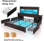 King Bed Frame with 49.6" Bookcase Headboard & 2 Bedside Stoage Racks & 4 Drawers, Farmhouse Wood Bed Frame with RGB LED & Charging Station, No Box Spring Needed, Black