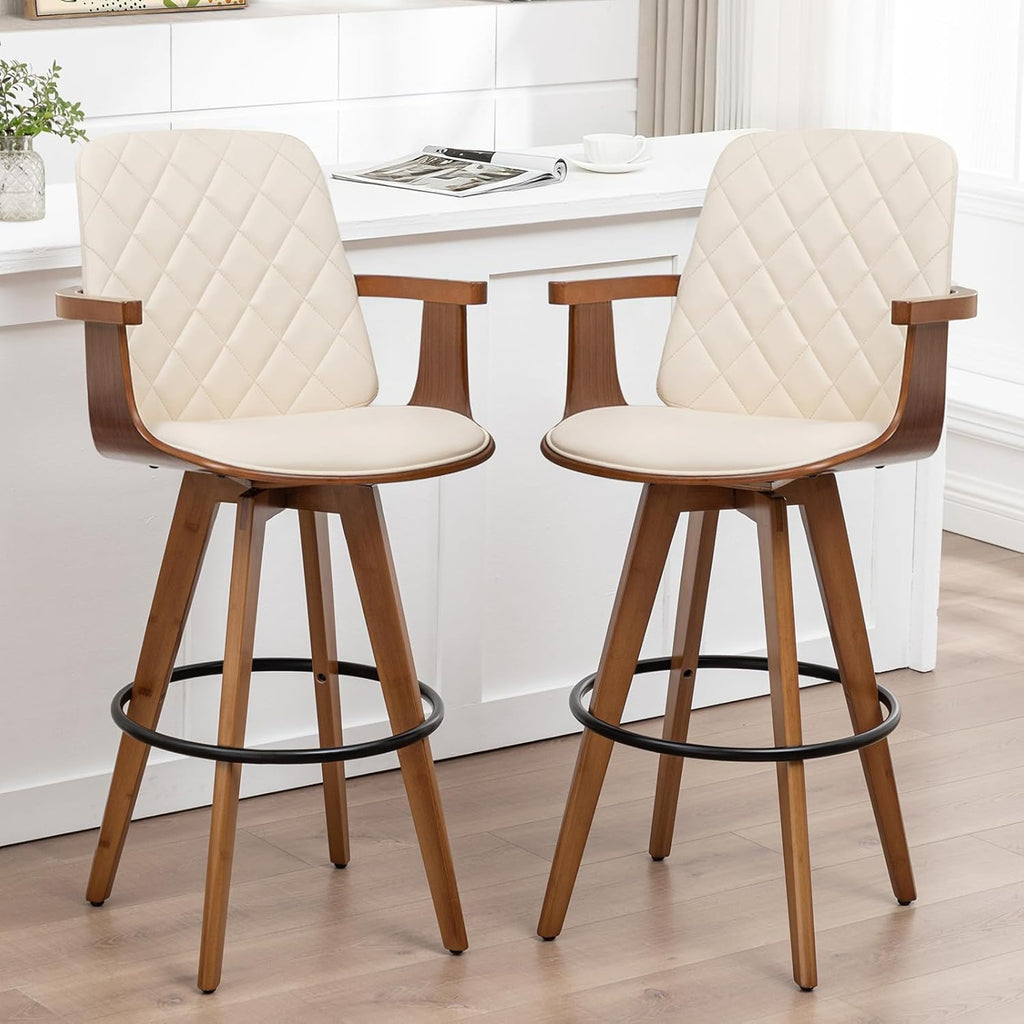 Counter Stools Set of 2, Upholstered Faux Leather Counter Height Bar Stools, Swivel Counter Chairs with Wooden Arms and Legs(Beige, 26" Seat Height)