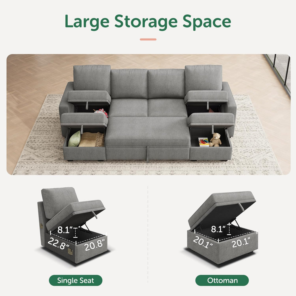 HONBAY Modular Sectional Sleeper Sofa Bed, Chenille Pull Out Couch with Storage Ottoman, U Shaped Sectional Couches for Living Room, Warm Grey