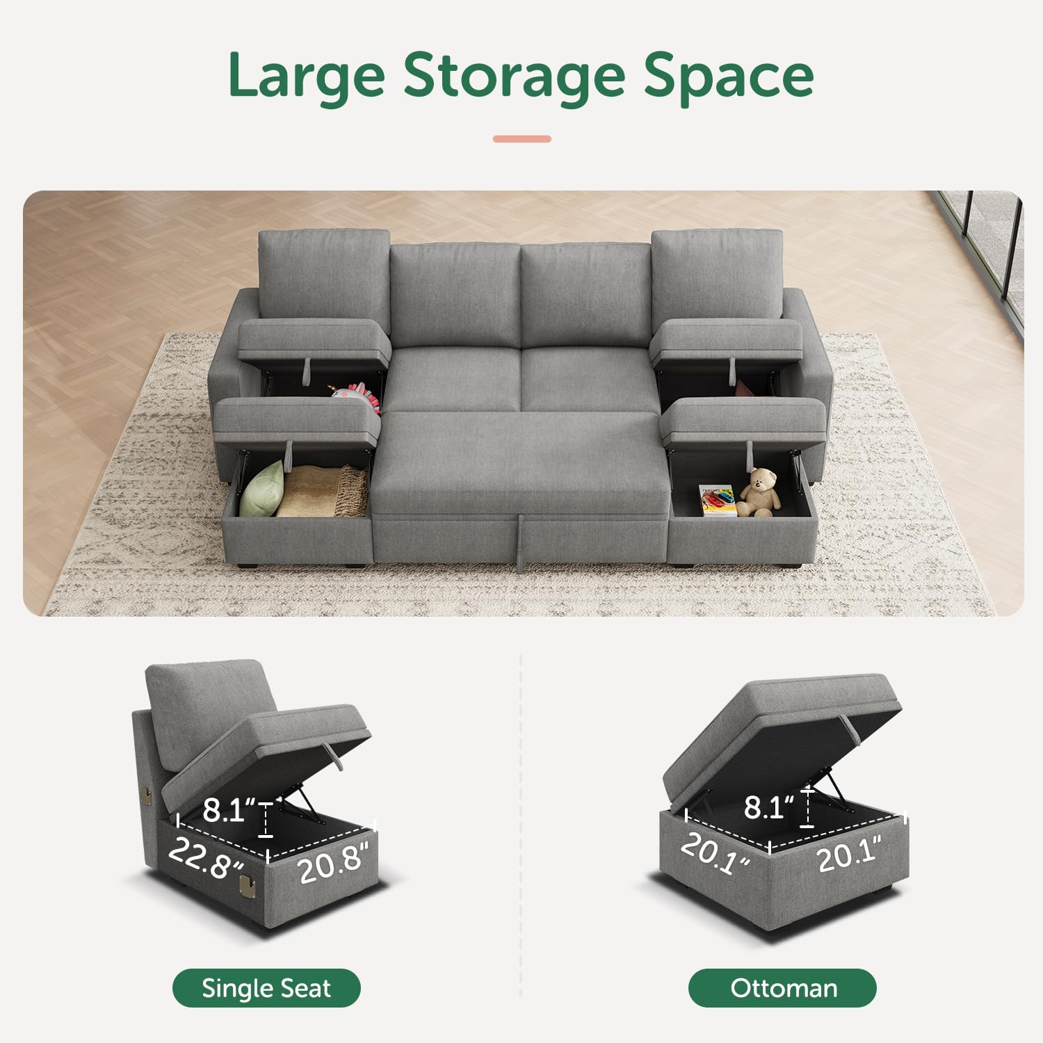 HONBAY Modular Sectional Sleeper Sofa Bed, Chenille Pull Out Couch with Storage Ottoman, U Shaped Sectional Couches for Living Room, Warm Grey