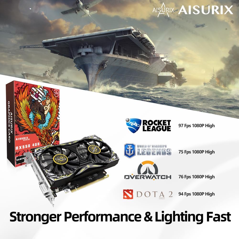 AISURIX RX 550 4GB Graphics Card GDDR5 128Bit Computer Video Card with HDMI/DVI Ports DirectX 12 PCI Express 3.0 X8 GPU Graphics Card for Gaming PC