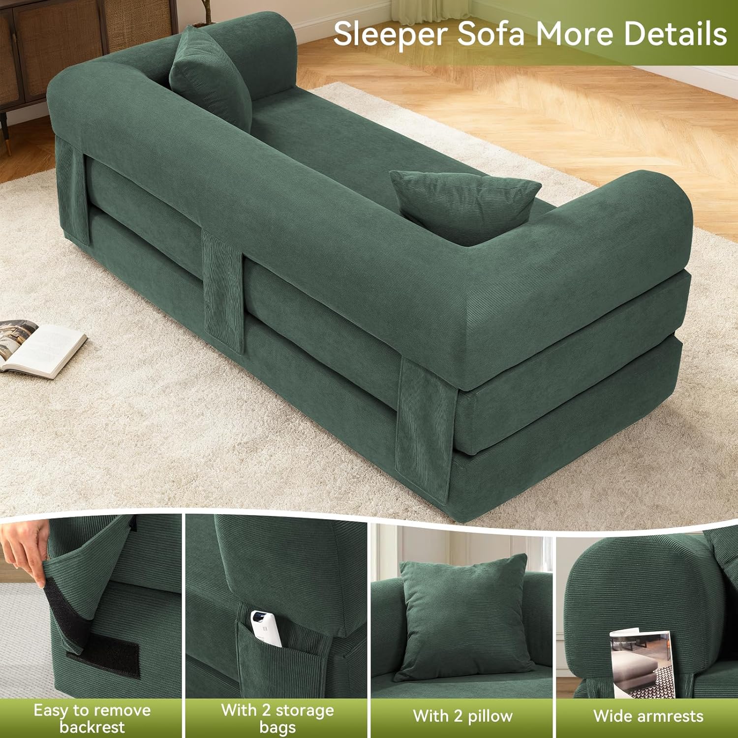 Convertible Futon Sofa Bed,80" Folding Pull Out Couch Bed with Storage,Queen Sleeper Sofa Bed,Compressed Couch in a Box,Corduroy Boneless Couches for Living Room,Light Green