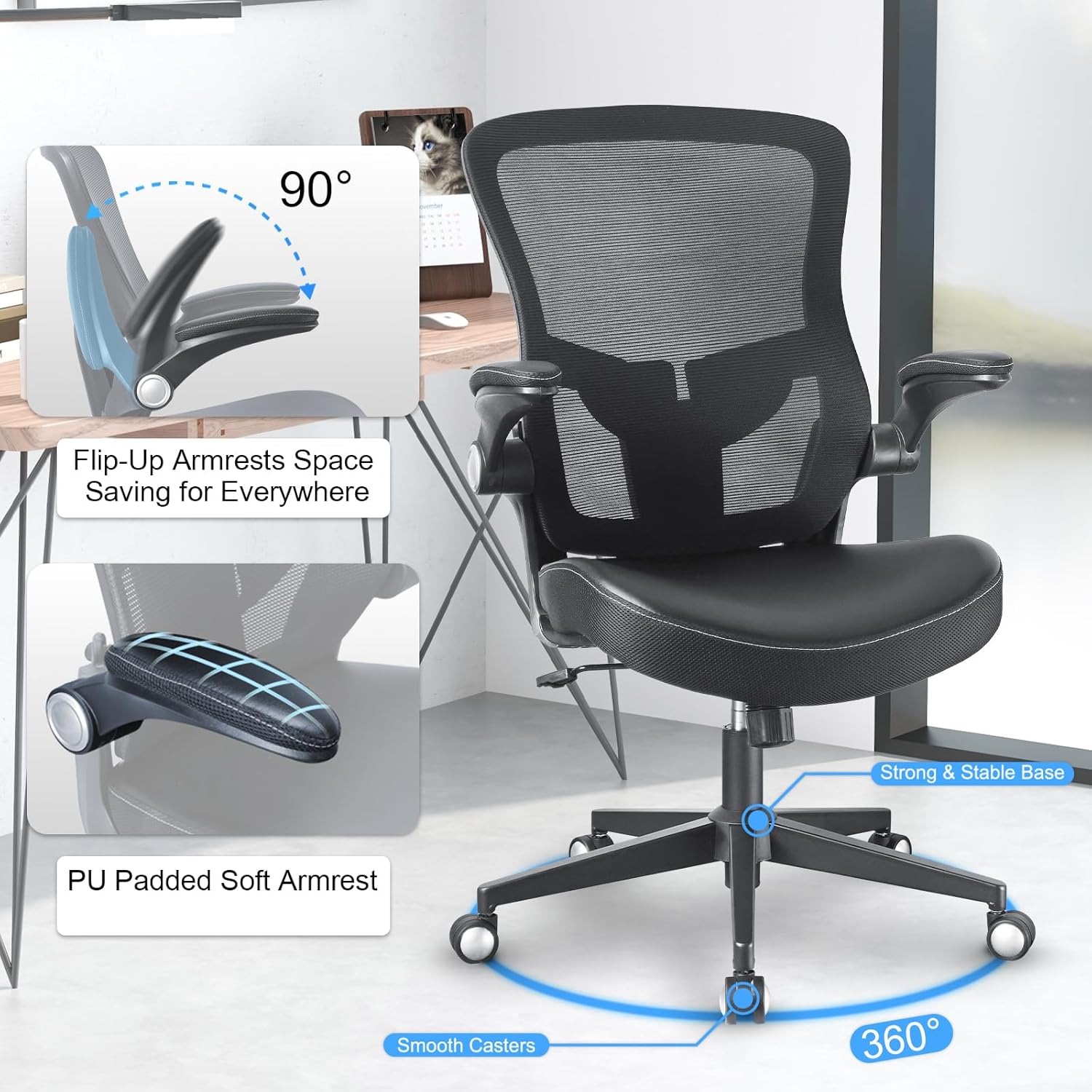 Heavy Duty Office Chair, 400lbs Ergonomic Desk Office Chair for Heavy People, Home Office Desk Chairs with Flip-Up Arms Computer Executive Task Chair with Adjustable Lumbar Support