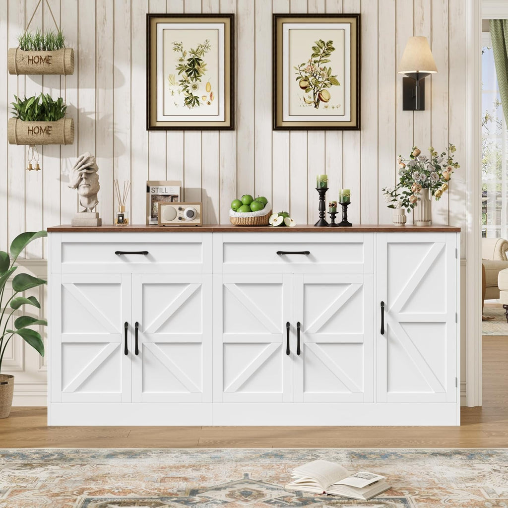71” Large Sideboard Buffet Cabinet with Storage, Farmhouse Buffet Cabinet with Adjustable Shelves and 3 Door Shelves, Wood Coffee Bar Console Table for Kitchen, Dining Room (White)