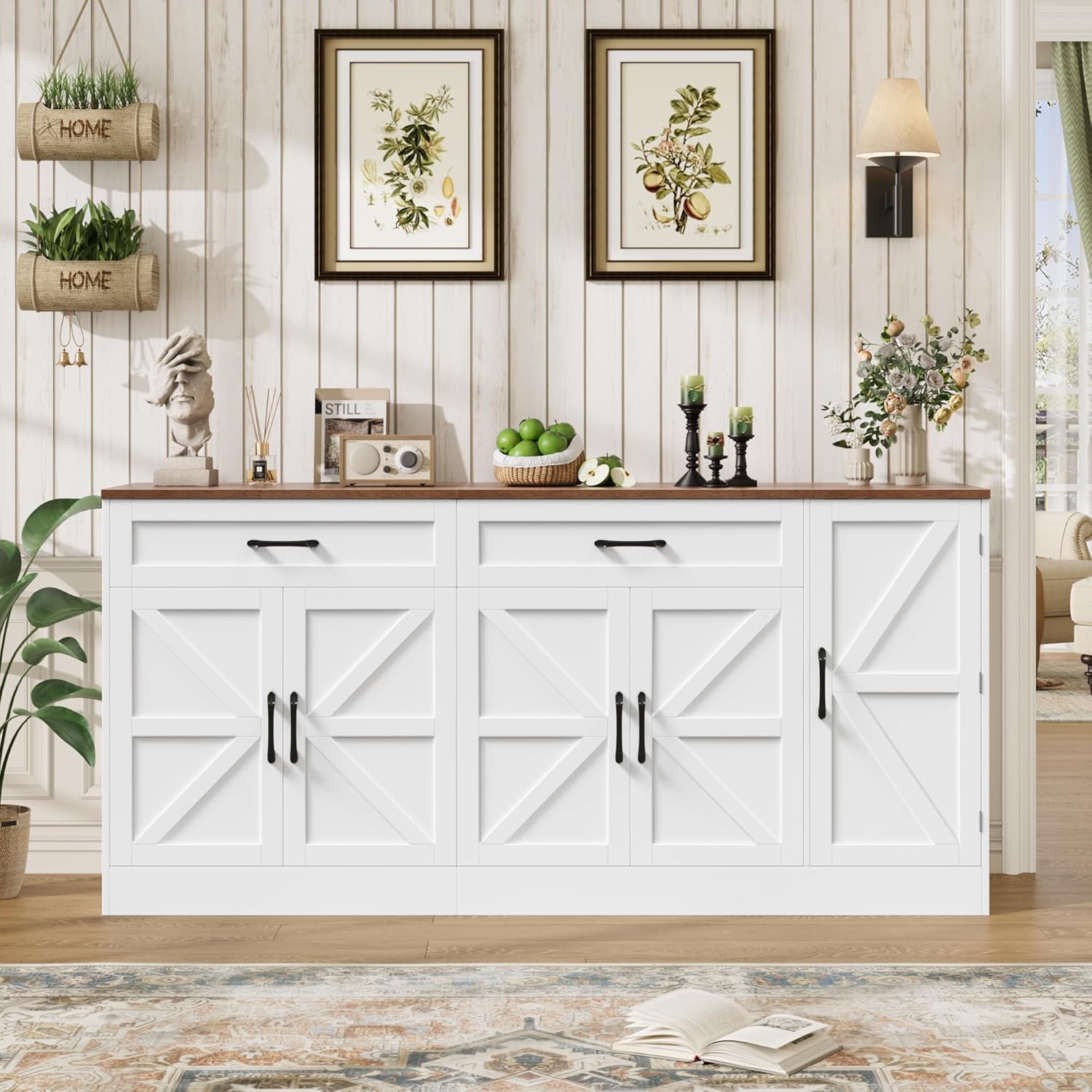 71” Large Sideboard Buffet Cabinet with Storage, Farmhouse Buffet Cabinet with Adjustable Shelves and 3 Door Shelves, Wood Coffee Bar Console Table for Kitchen, Dining Room (White)