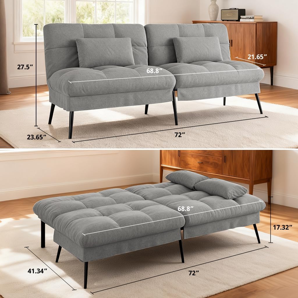 COMHOMA Convertible Futon Sofa Bed, 72″Fabric Futons Couch with Adjustable Backrest, Folding Sleeper Recliner for Living Room Furniture (Grey)