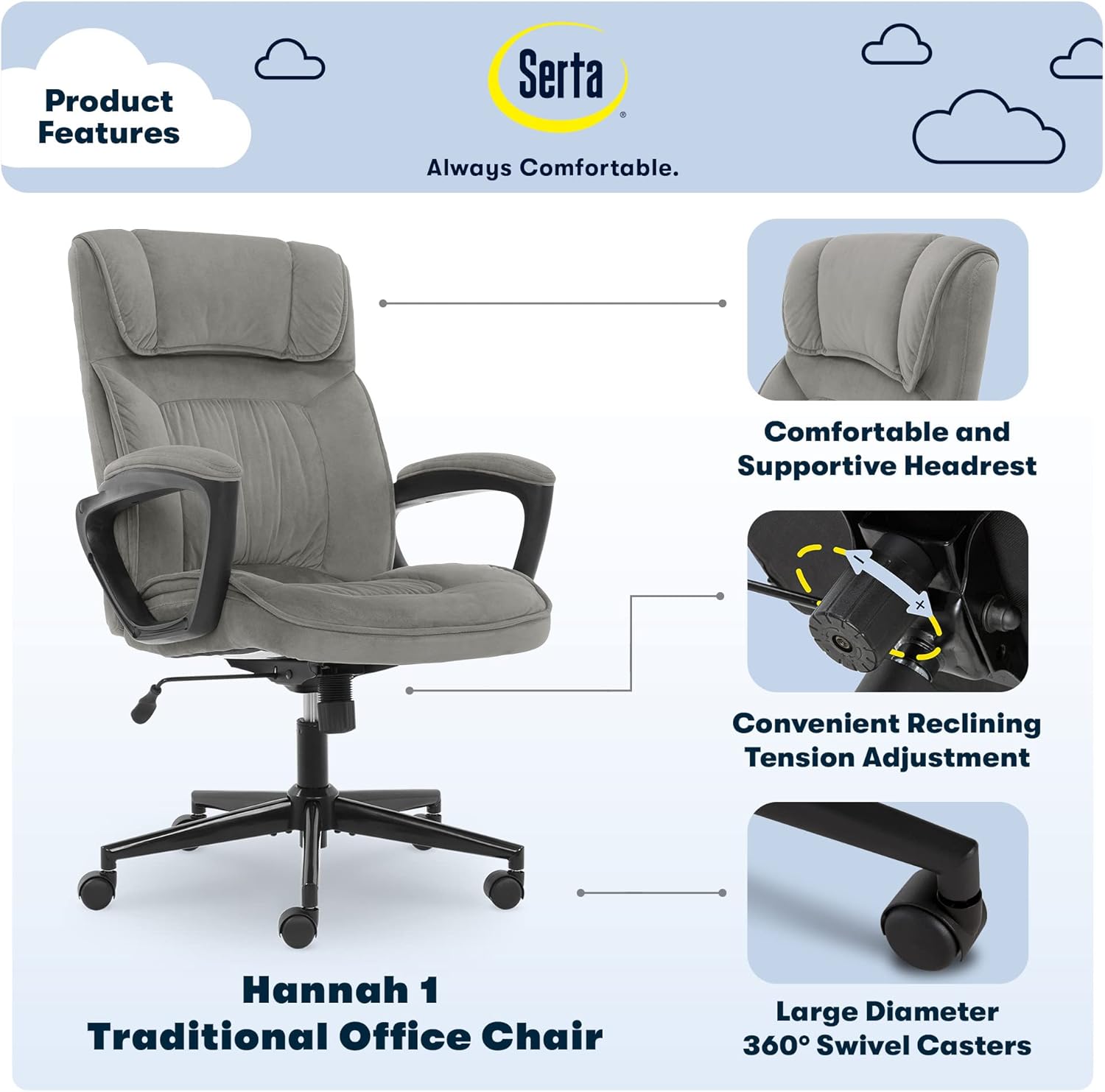 Serta Hannah Executive Home Office Desk Chair, Ergonomic Mid-Back with Lumbar Support, Firm Seat Cushion, Layered Body Pillows, Padded Armrests, Swivel Base, Easy Assembly, Microfiber, Black/Grey