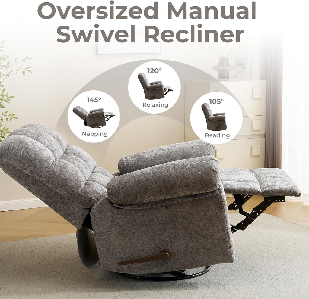 Swivel Rocker Recliner Chair with Heat and Massage, Oversized Rocker Recliner with Overstuffed Backrest,Swivel Glider Recliner for Living Room,Grey