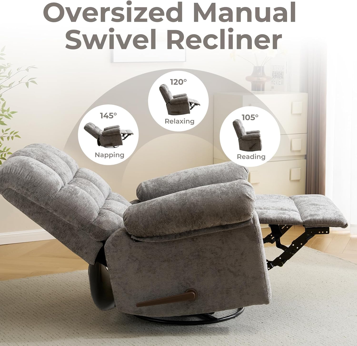 Swivel Rocker Recliner Chair with Heat and Massage, Oversized Rocker Recliner with Overstuffed Backrest,Swivel Glider Recliner for Living Room,Grey