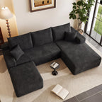 95" U-Shape Cloud Couch, Modern Modular Sectional L-Shape Sofa with Ottoman, Corduroy Upholstered Couches Deep Seat Sleeper Chaise Longue for Living Room, No Assembly Required(Black, Right Facing)