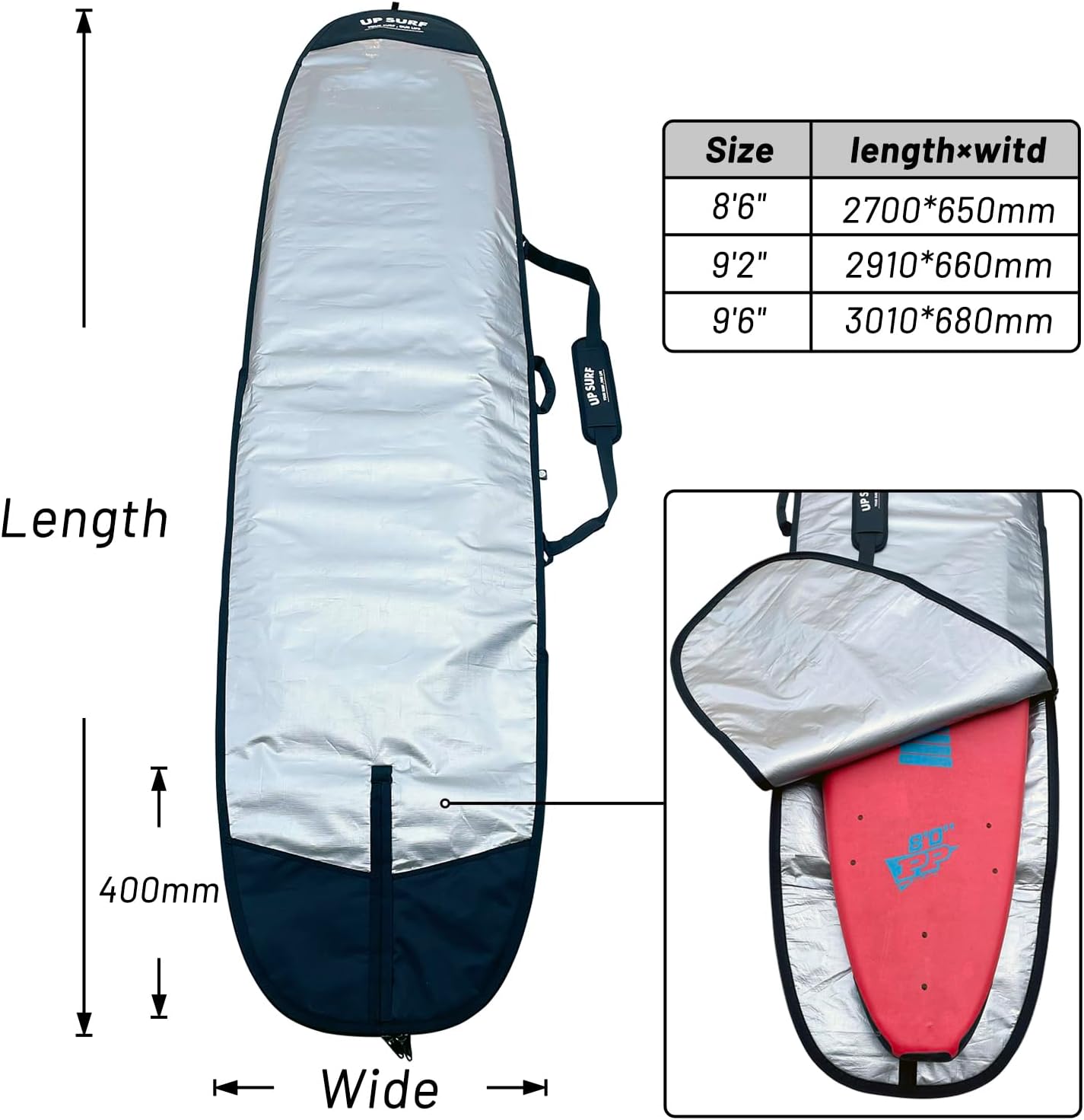 UP SURF Surfboard bag, Daylight Bags for Longboard, Size 8’6”,9’2”,9’6", Surfboard cover for Storage and Transport Surfboard