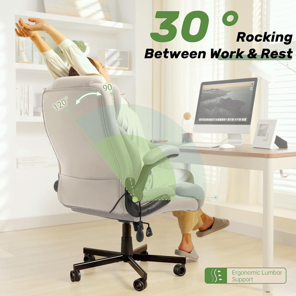 Office Chair, Big and Tall Executive Chairs with Lumbar Support for Back Pain, Breathable Desk Computer Chair with Adjustable Flip-up Armrests, Wide Cushion Swivel Home Office Chair Beigewhite