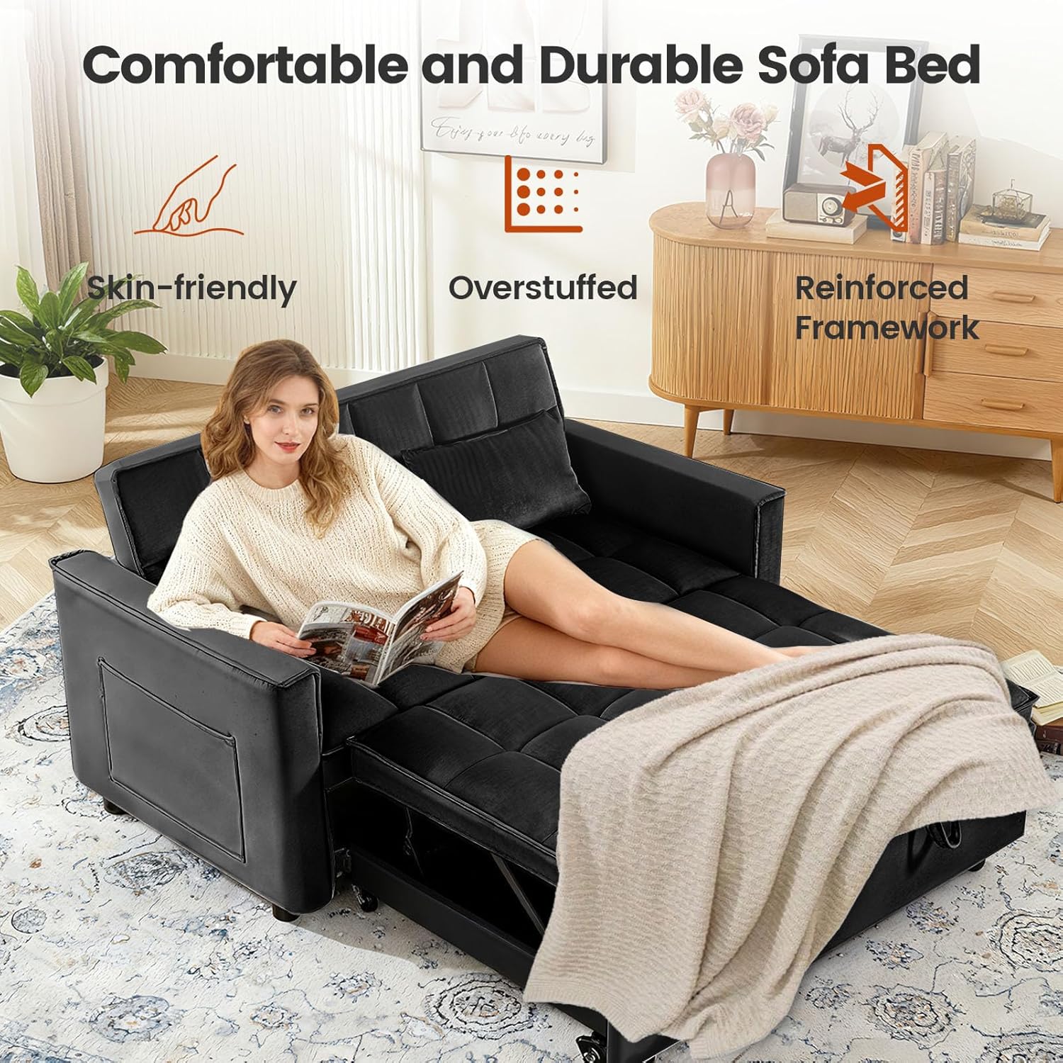 Convertible Sofa Bed, Pull Out Couch with Side Pockets, 3 in 1 Velvet Fabric Loveseat Sleeper Sofa Bed, Pull Out Couch with Adjustable Backrest for Living Room, Bedroom, Apartment, Black