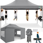 COBIZI 10x15 Heavy Duty Pop up Canopy Tent with 4 sidewalls  Commercial Outdoor Tents for Parties Backyard Event  Wedding  All Season Waterproof Event Shelter with Carry Bag  Gray(Frame Thickened)