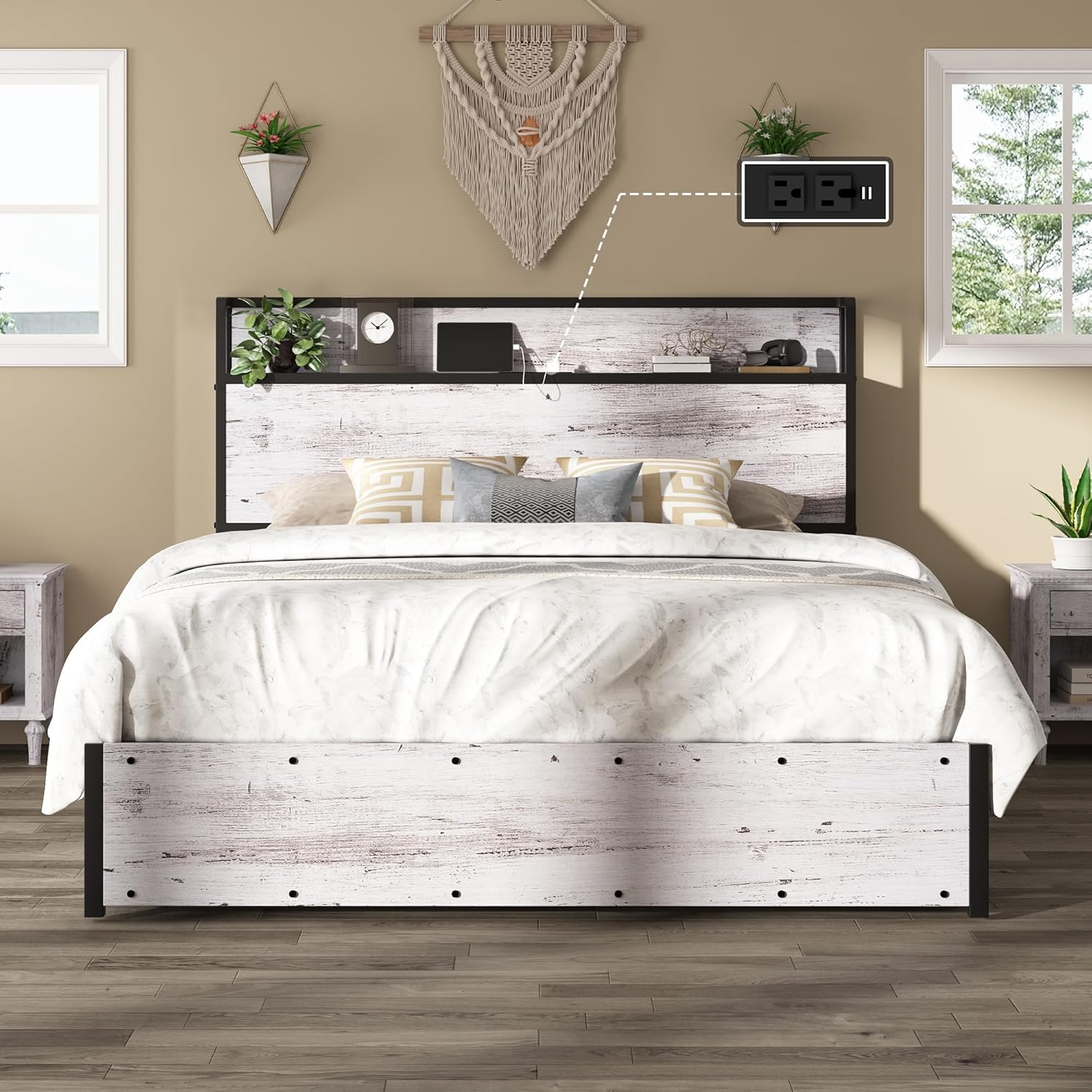 AMERLIFE Queen Size Lift Up Storage Bed Frame, Wooden Platform Bed Frame with Lifting Storage & Charging Station, No Spring Box Needed/Noise Free, White Birch