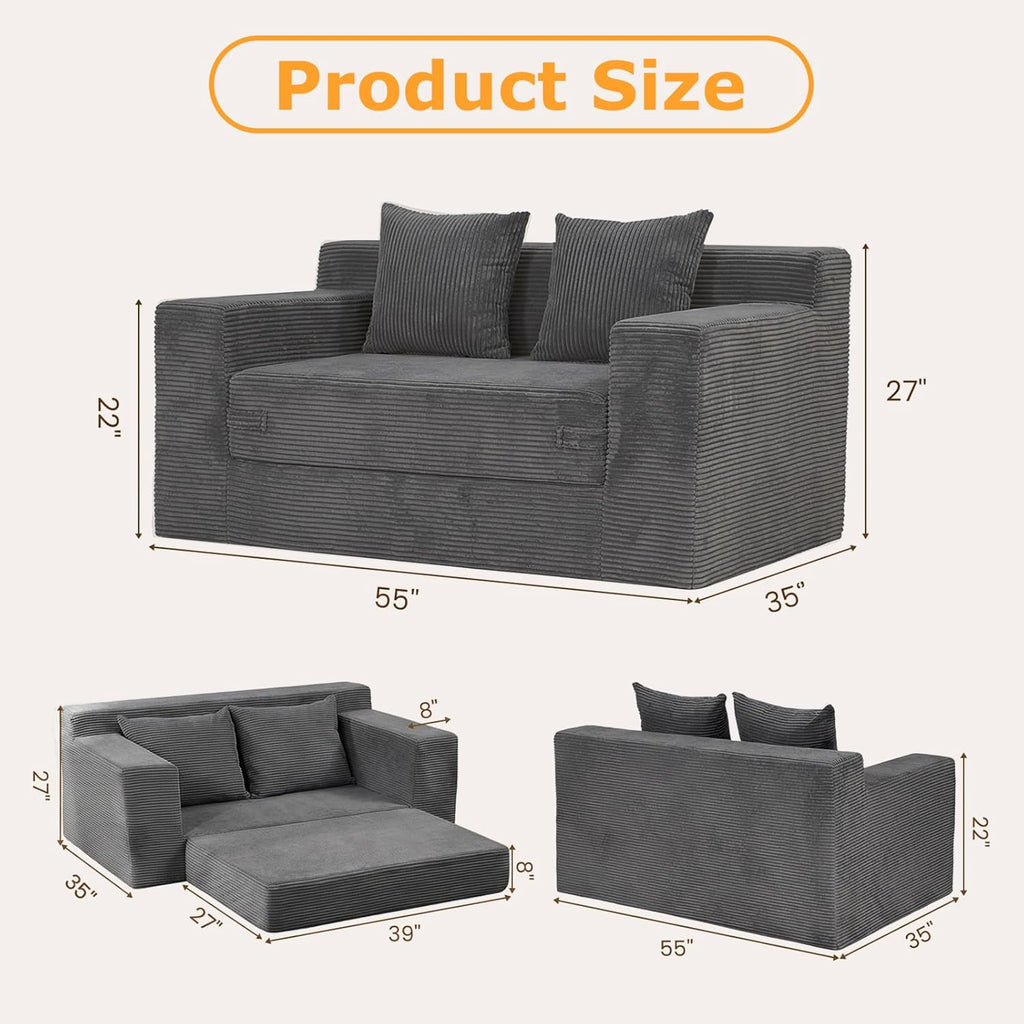 Winzon Boneless Loveseat, 3 in 1 Convertible Sofa Bed Sleeper Sofa Floor Futon Bed with 4 Pillows, 55" Grey Boneless Couch for Living Room, Guest Room, Small Space, No Assembly Required, Corduroy