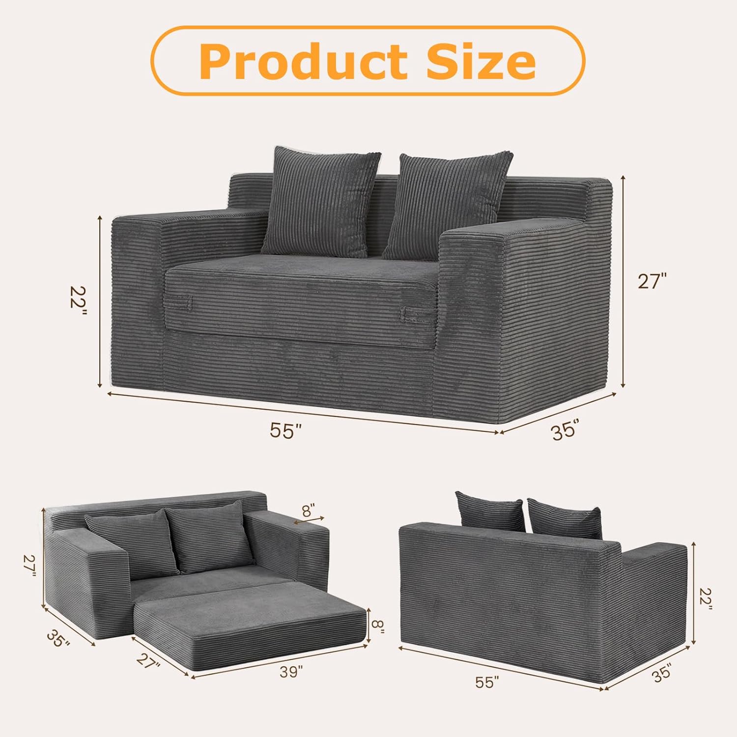 Winzon Boneless Loveseat, 3 in 1 Convertible Sofa Bed Sleeper Sofa Floor Futon Bed with 4 Pillows, 55" Grey Boneless Couch for Living Room, Guest Room, Small Space, No Assembly Required, Corduroy