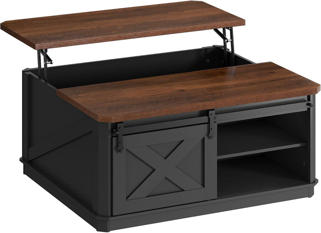 WLIVE Framhouse Coffee Table with Storage, 35.5" Lift Top Coffee Table for Living Room, Square Center Table, Rustic Cocktail Table with Sliding Barn Doors, Curevd Base, Black