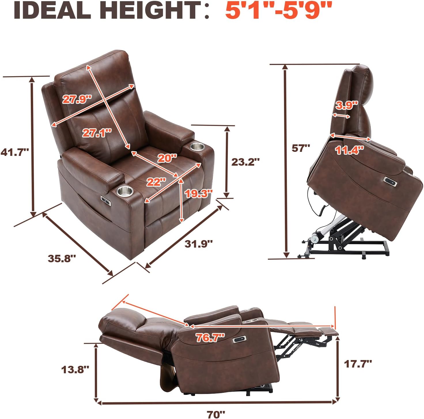 Triple Motor Power Lift Recliner Chair with Adjustable Lumbar Support, Lay Flat Recliner for Elderly, Breathable Brown Leather Recliner, Lift Chair Massage & Heating, USB Ports, Cup Holders
