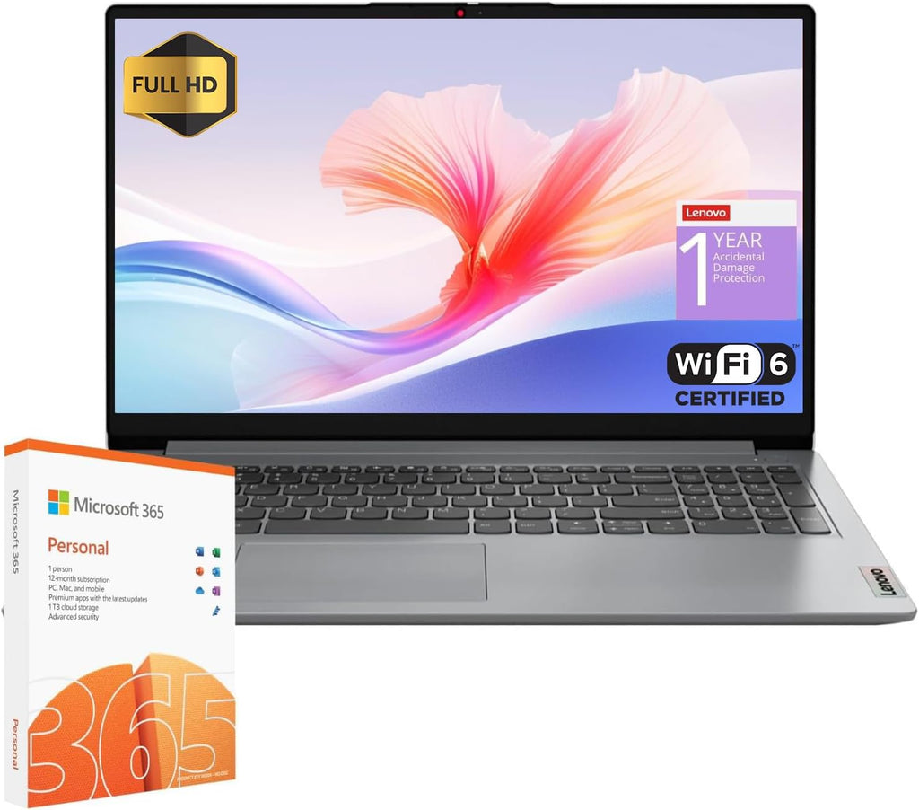 Lenovo IdeaPad 1 Student Laptop  Intel Dual Core Processor  8GB RAM  128GB eMMC + 1TB OneDrive  15.6" FHD Display  Office 365 Lifetime for the Web  Win11 H  Webcam w/Privacy Shutter