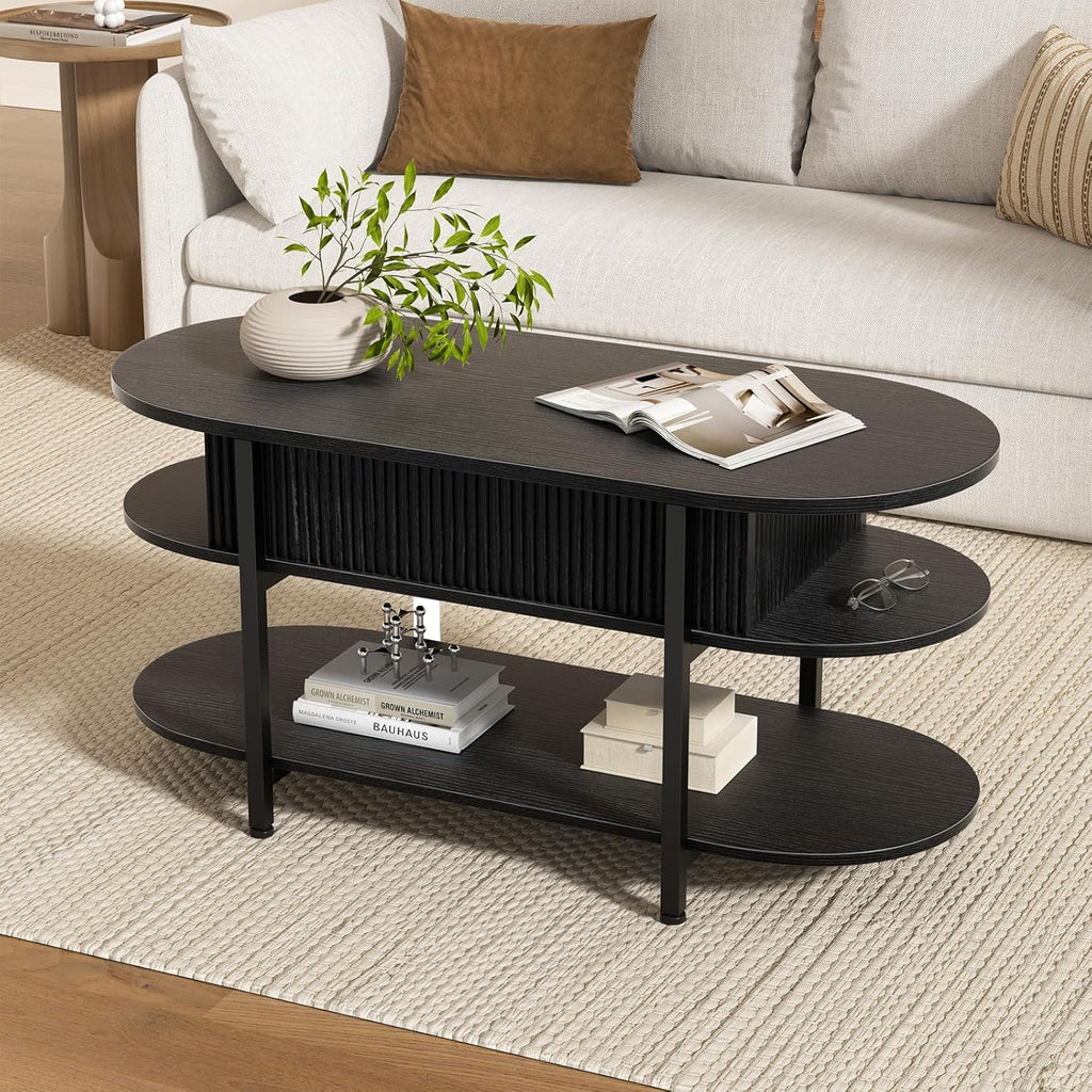 FABATO 41.7" Oval Lift Top Coffee Table, Fluted Wood Center Table with Hidden Storage, 3 Tier Small Tables with Curved Edge, Modern Narrow Coffee Table for Living Room Reception Room, Black