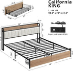 LIKIMIO California King Size Bed Frame, Storage Headboard with Charging Station, Platform Bed with Drawers, No Box Spring Needed, Easy Assembly, Wood and Cream