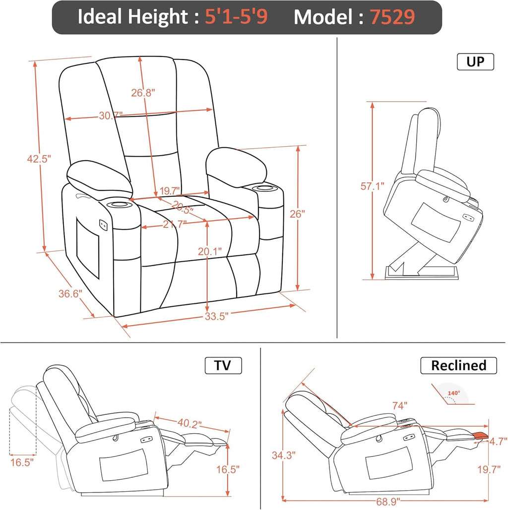 MCombo Power Lift Recliner Chair with Massage and Heat for Elderly People, Cup Holders, USB Ports, Side Pockets, Fabric 7529 (Medium, Grey)