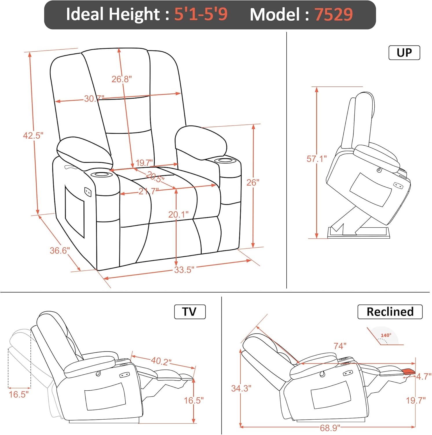 MCombo Power Lift Recliner Chair with Massage and Heat for Elderly People, Cup Holders, USB Ports, Side Pockets, Fabric 7529 (Medium, Grey)