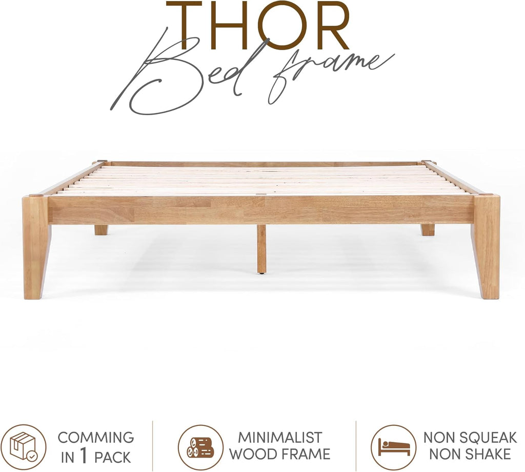 Thor Premium Solid Wood Bed Frame King, Japanese Joinery Bed Frame with Wood Slat Support, Platform Bed, No Box Spring Needed, Easy Assembly, Minimalist & Modern Style (Light Brown)