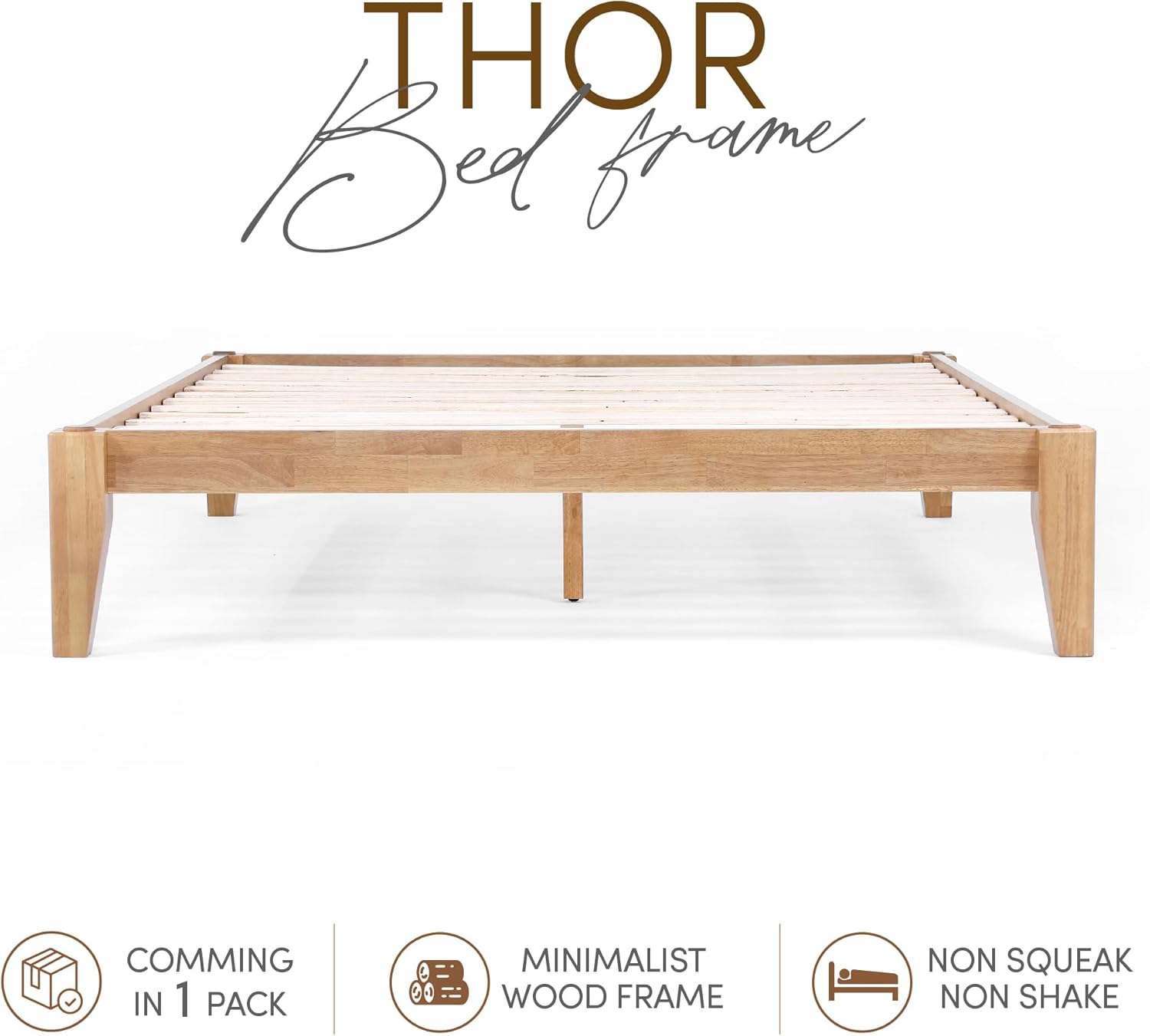 Thor Premium Solid Wood Bed Frame King, Japanese Joinery Bed Frame with Wood Slat Support, Platform Bed, No Box Spring Needed, Easy Assembly, Minimalist & Modern Style (Light Brown)
