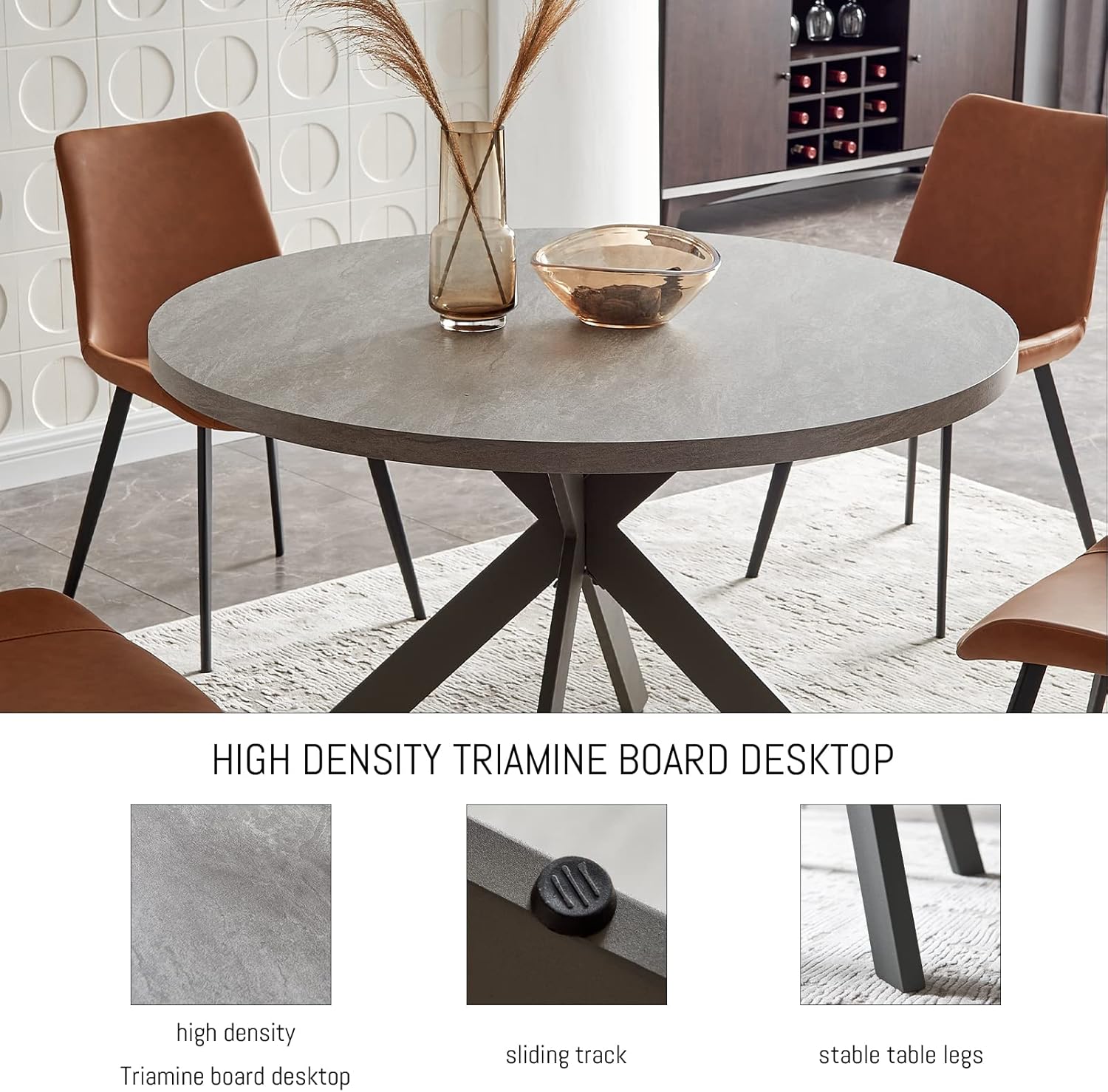 Zerifevni 47" Round Dining Table Set, Mid Century Modern Round Dining Table for 4-6 Person, Steel Legs, Leisure Coffee Table for Kitchen Dining Room, Save Space