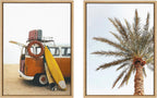 Kate and Laurel Sylvie Surfboard Beach Van and One Palm Tree in Paradise Framed Canvas Wall Art Set by The Creative Bunch Studio, 2 Piece Set 18x24 Natural, Tropical Surfing Wall Décor